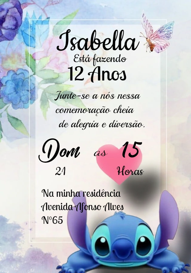 Convite Aniversário Stitch Floral para Editar Online