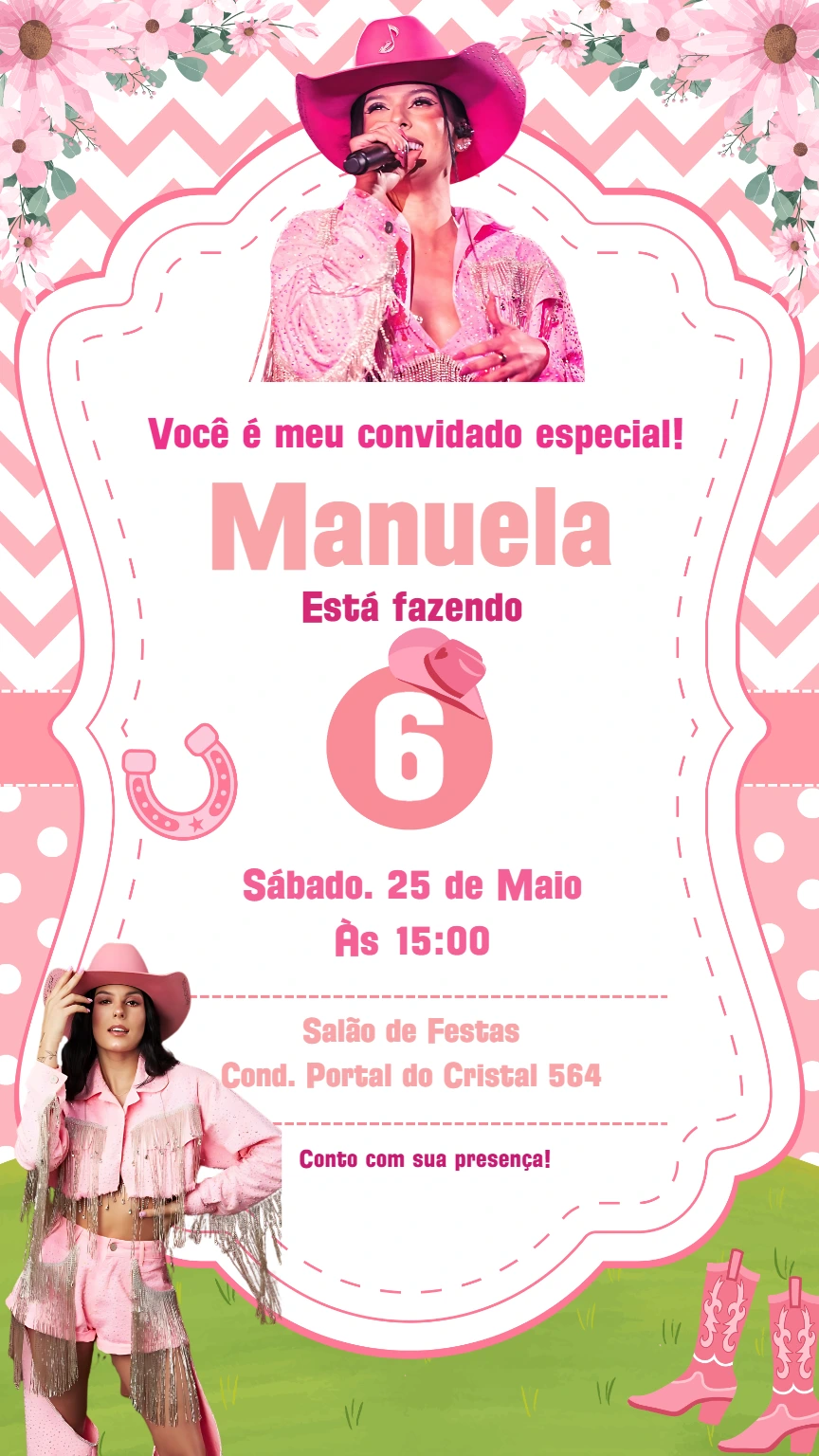 Convite Aniversário Ana Castela Boiadeira Rosa para Editar