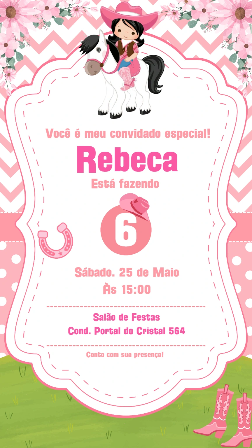 Convite Aniversário Vaqueira Rosa para Editar Online
