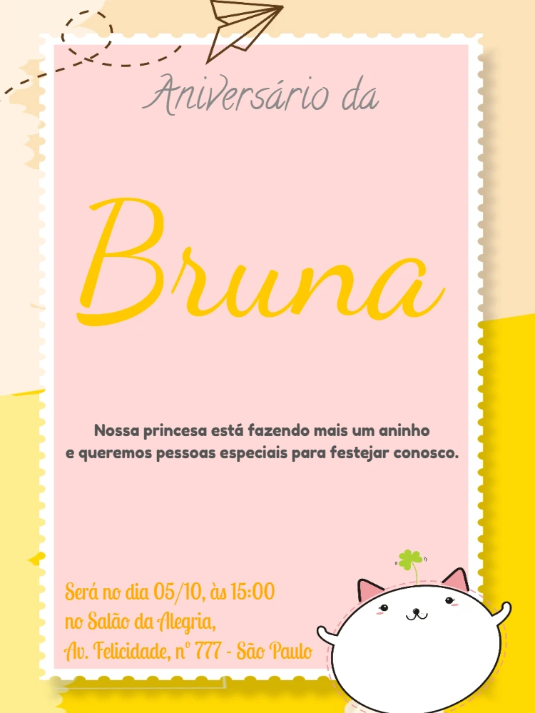 Convite de Aniversário Gatinho Fofo para Editar Online