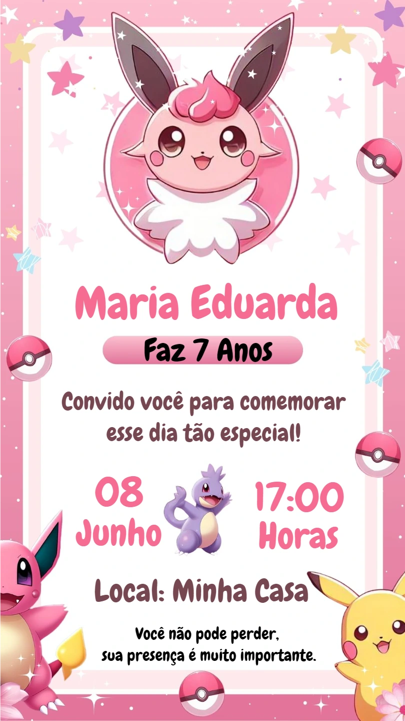 Convite Aniversário Pokémon Rosa para Menina para Editar Online