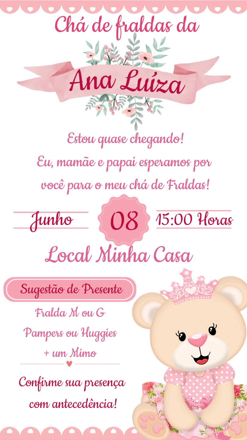 Convite Chá de Fraldas Ursinha Princesa para Editar Online