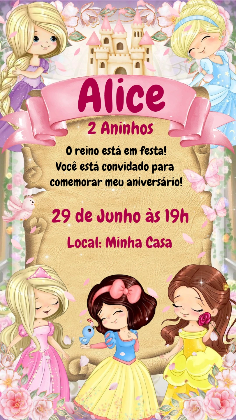 Convite de Aniversário Princesas Disney para Editar Online