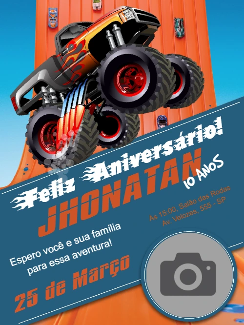 Convite Aniversário Hot Wheels Monster Truck para Editar com Foto