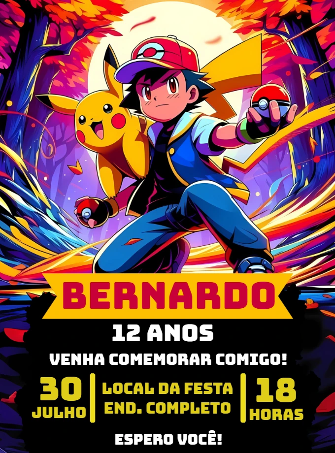 Convite Aniversário Pokémon com Ash e Pikachu para Editar Online