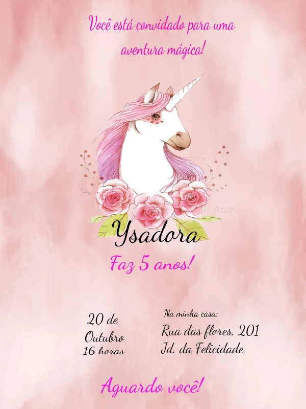 Convite de Aniversário Unicórnio Rosa para Editar Online