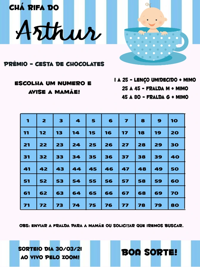 Convite Chá Rifa de Bebê Menino para Editar Online e Imprimir