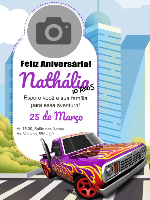Convite de Aniversário Carros Radicais com Foto para Editar
