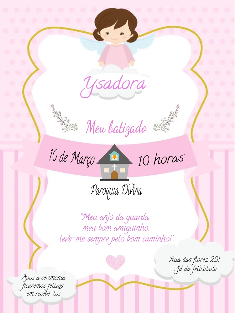 Convite de Batizado Anjinha Rosa para Editar Online