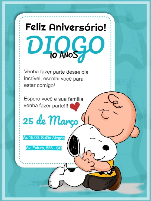 Convite Aniversário Snoopy e Charlie Brown para Editar Online