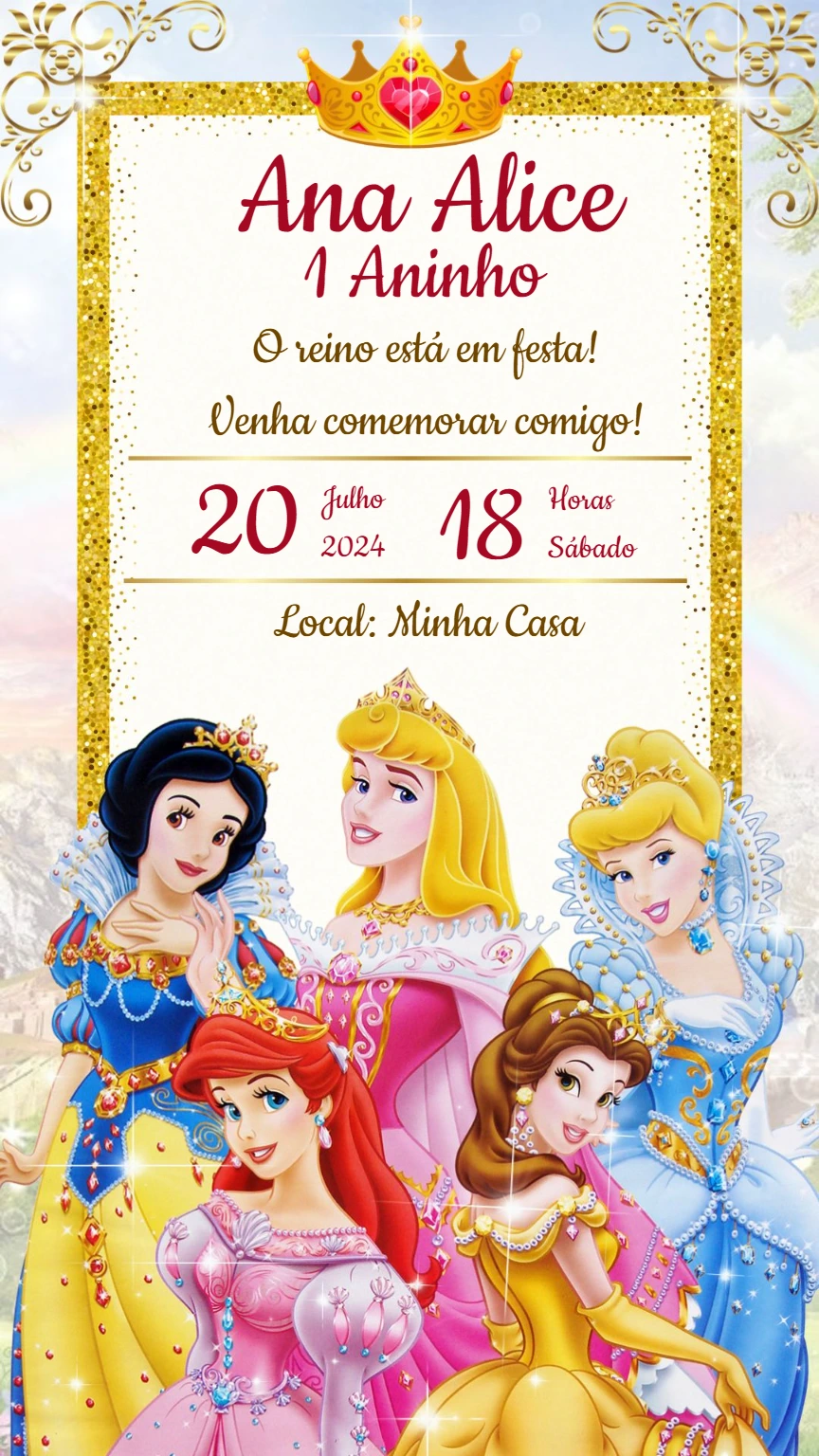 Convite de Aniversário Princesas Disney para Editar Online