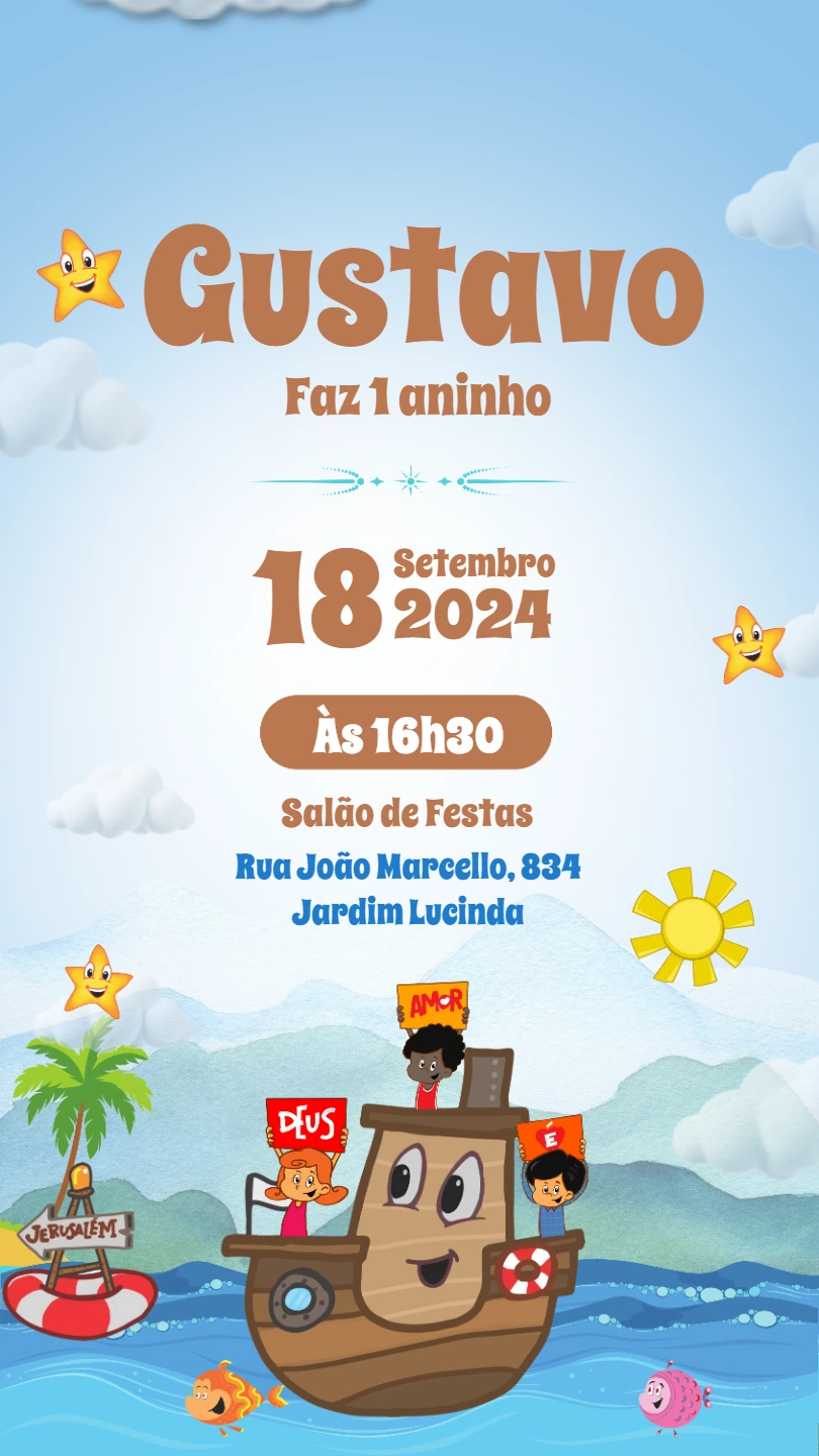 Convite Aniversário 3 Palavrinhas Barquinho para Editar