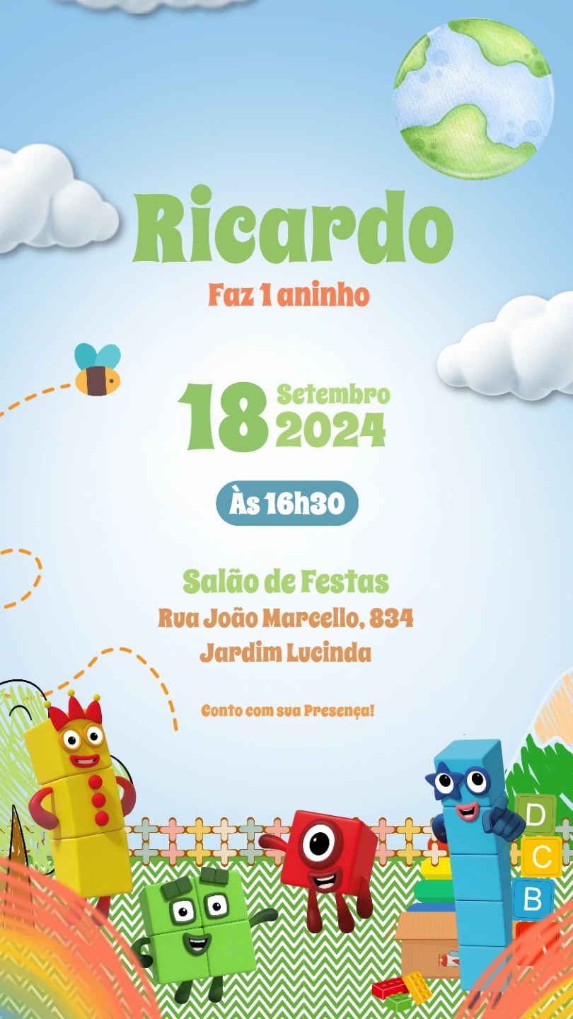Convite de Aniversário Number Blocks para Editar Online