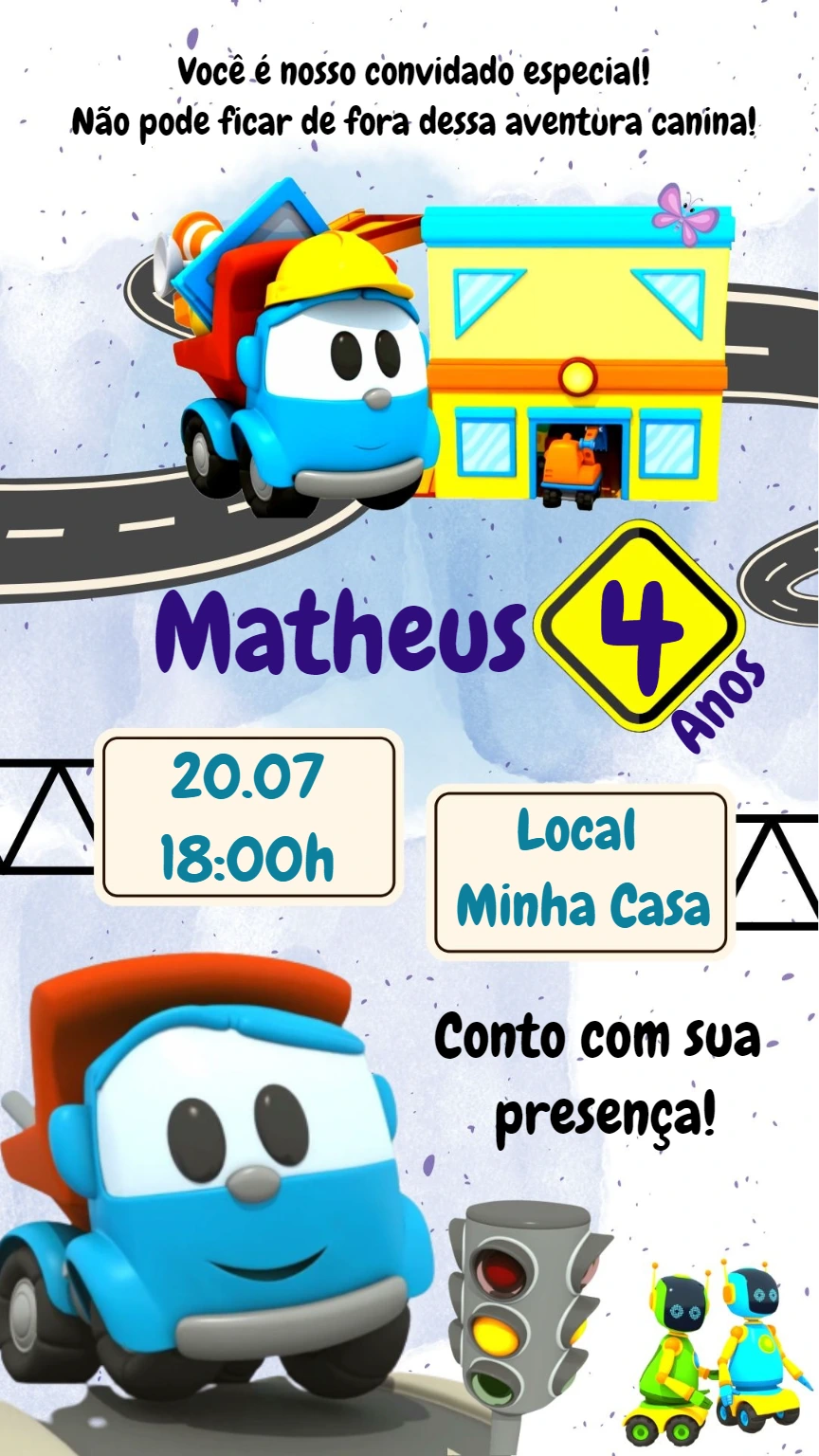 Convite Aniversário Léo o Caminhão para Editar e Imprimir