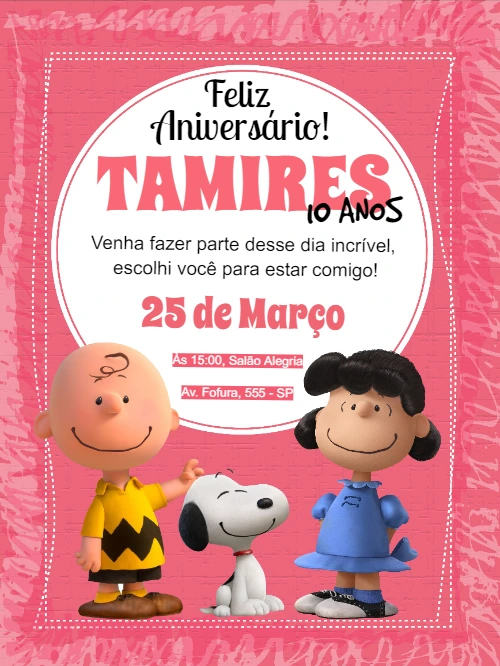 Convite de Aniversário Snoopy Rosa para Editar e Imprimir