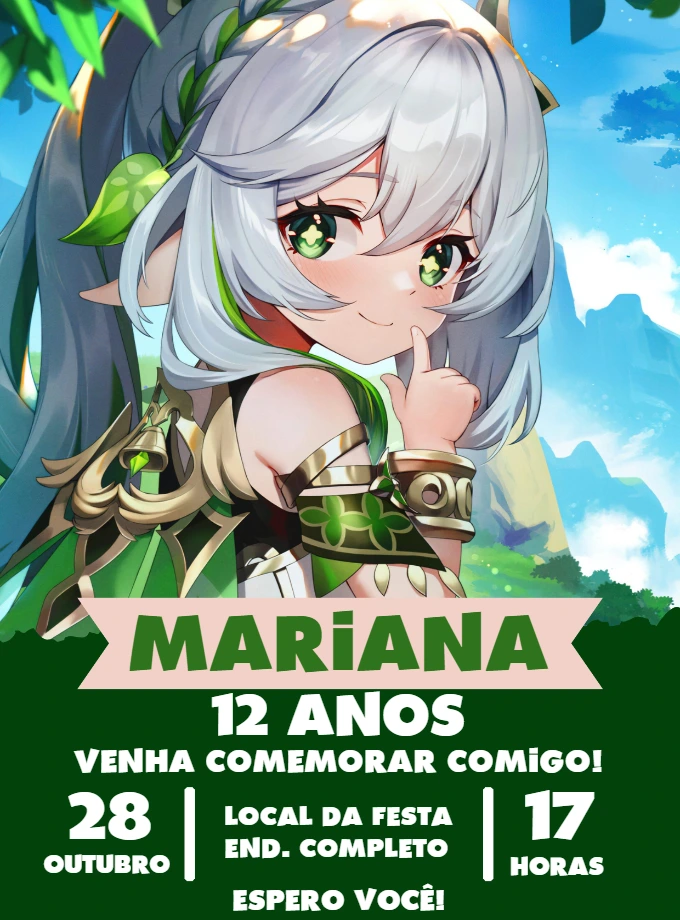 Convite Aniversário Nahida Genshin Impact para Editar Online