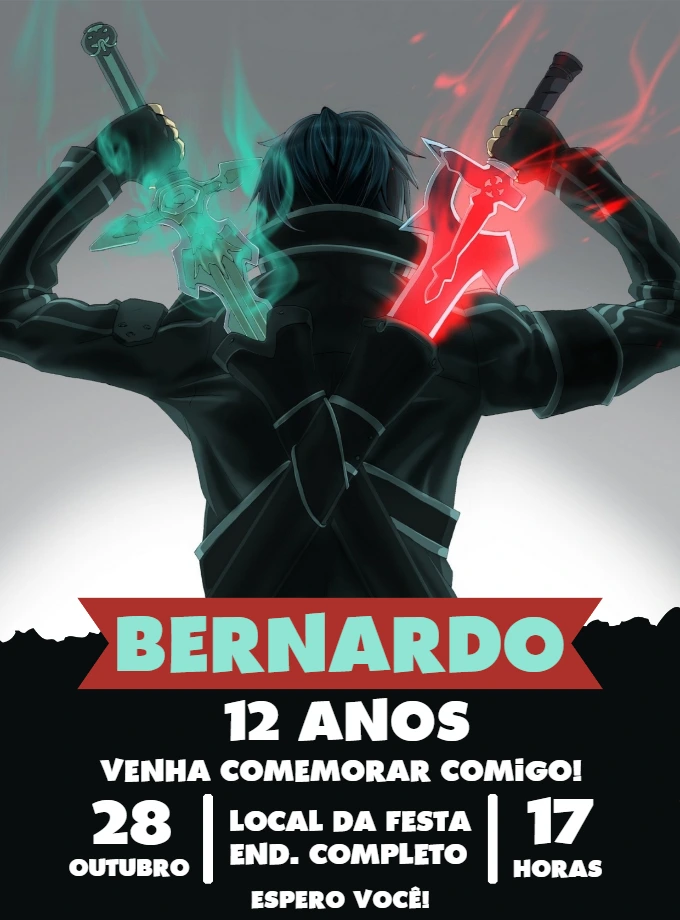 Convite de Aniversário Kirito Sword Art Online Editável