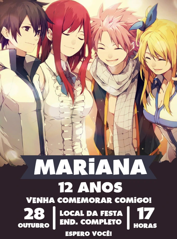 Convite de Aniversário Fairy Tail Editável com Personagens