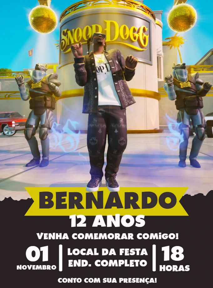Convite Aniversário Snoop Dogg Fortnite para Editar Online
