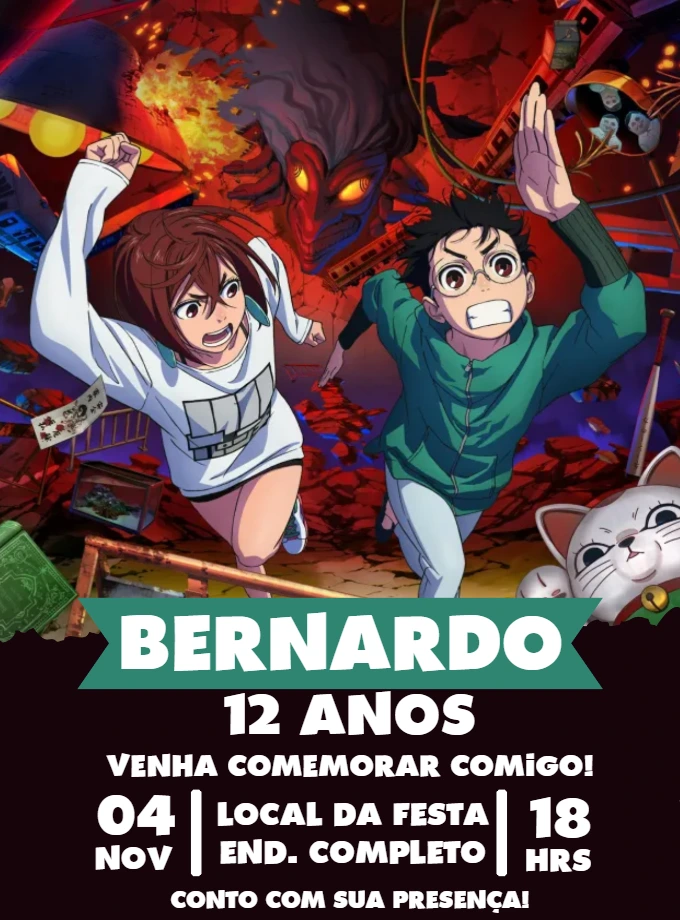 Convite de Aniversário Dandadan com Personagens para Editar