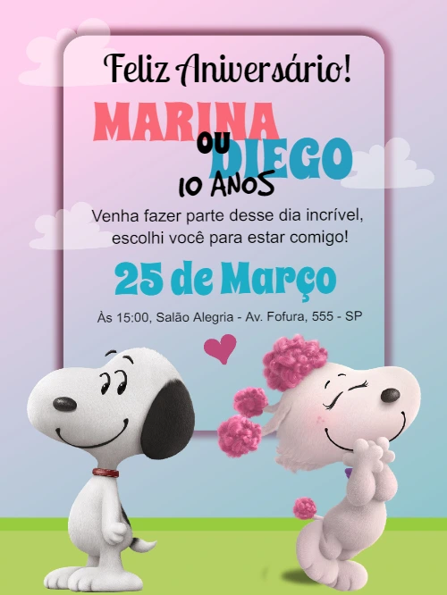 Convite de Aniversário Snoopy e Fifi para Editar Online