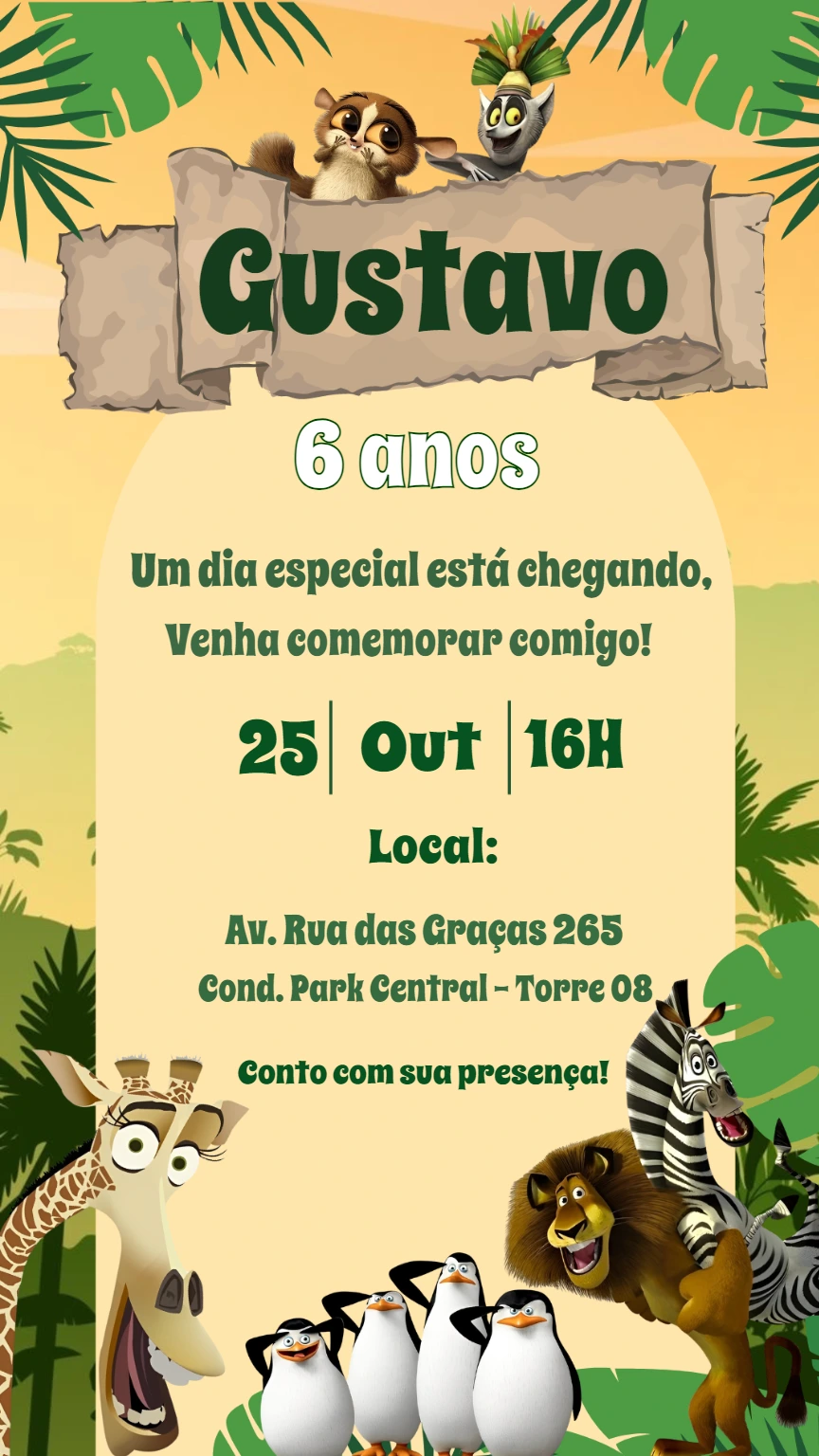 Convite Aniversário Madagascar com a Turma para Editar Online