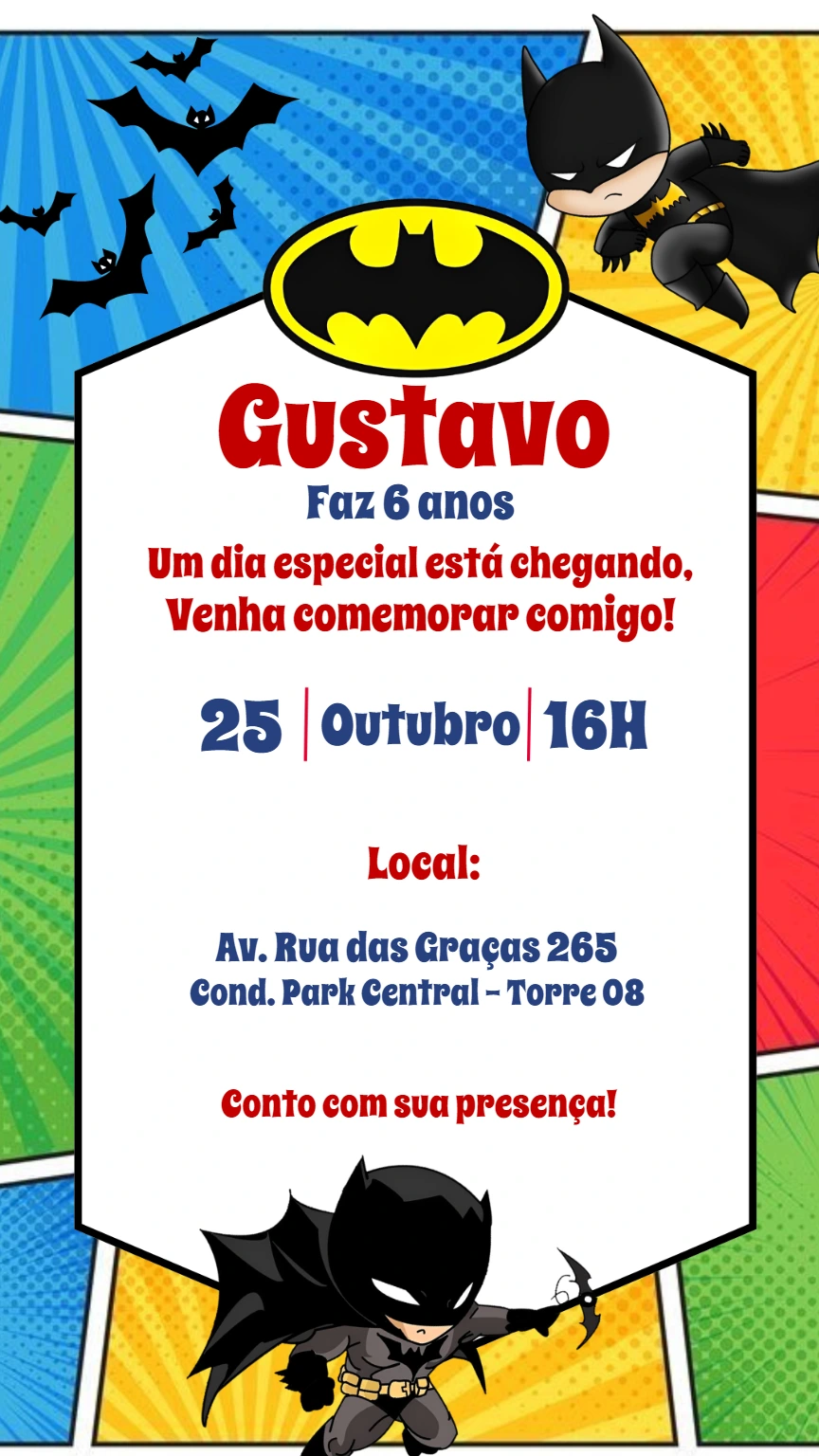 Convite de Aniversário Batman para Editar Online
