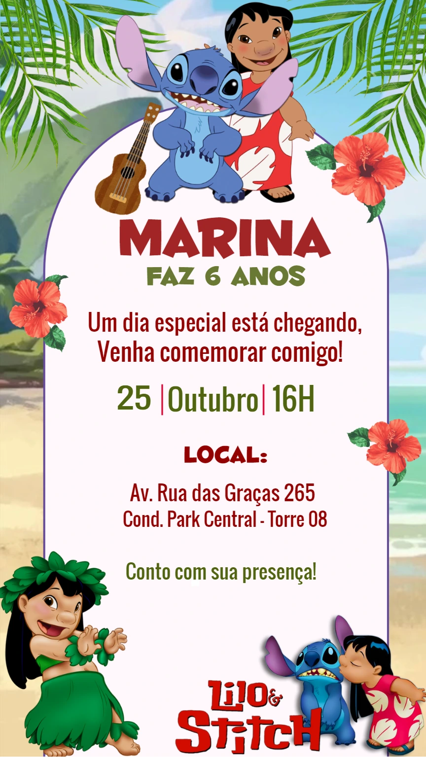 Convite de Aniversário Lilo & Stitch para Editar Online