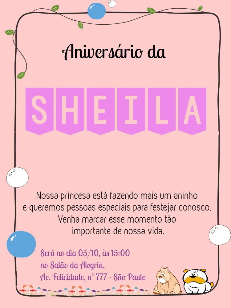 Convite Aniversário Cachorrinho Rosa para Editar Online