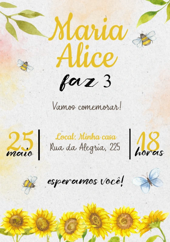 Convite Aniversário Abelhinha e Girassol para Editar Online