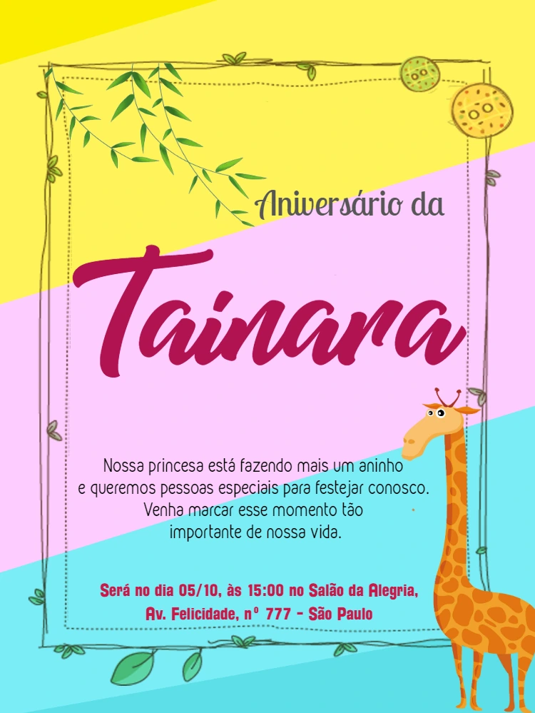 Convite Aniversário Girafinha Colorido para Editar Online