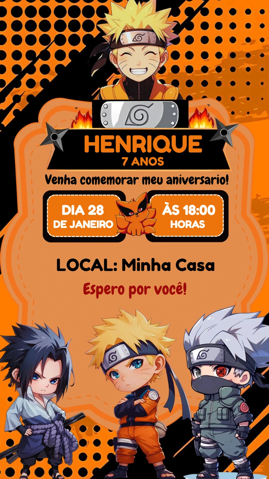 Convite Aniversário Naruto Toy para Editar e Imprimir