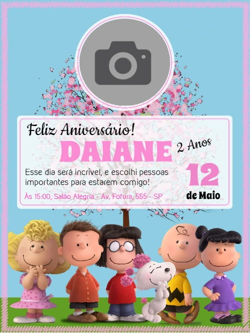 Convite de Aniversário Snoopy com Foto para Editar Online