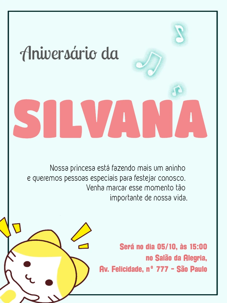 Convite de Aniversário Gatinho Fofo para Editar Online