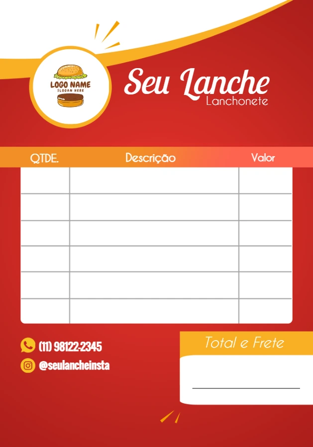 Comanda de Lanchonete Personalizável para Editar Online