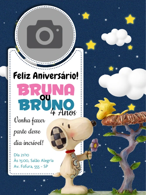 Convite de Aniversário Snoopy com Foto para Editar Online