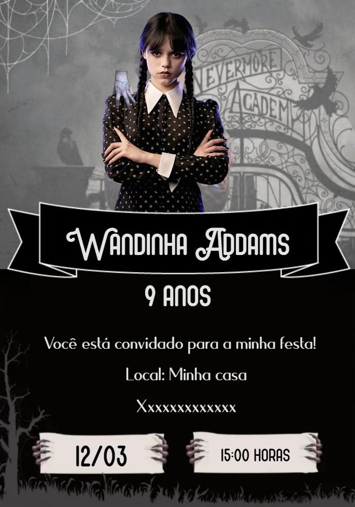 Convite de Aniversário Wandinha Addams para Editar Online