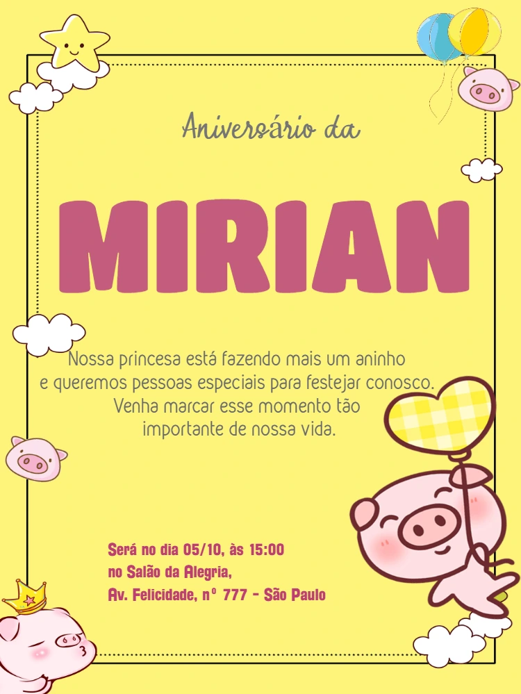 Convite de Aniversário Porquinho Amarelo para Editar Online