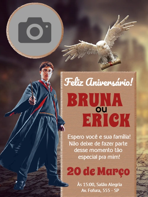 Convite de Aniversário Harry Potter com Foto para Editar Online