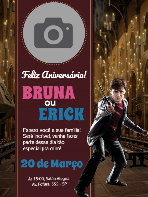 Convite Aniversário Harry Potter com Foto para Editar Online