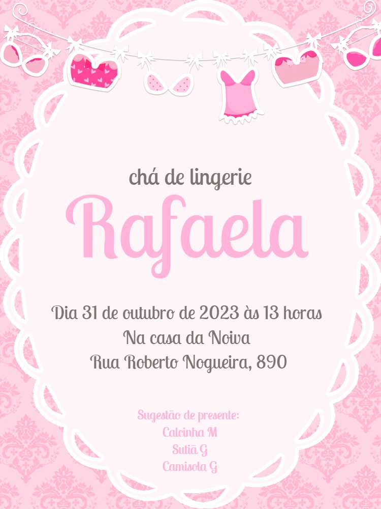 Convite Chá de Lingerie Rosa Delicado para Editar Online