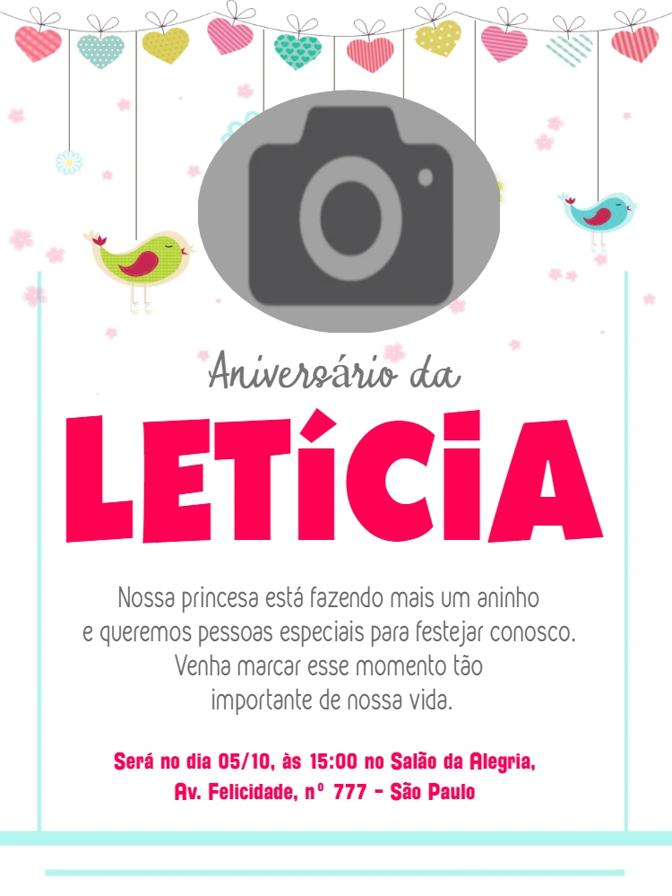 Convite Aniversário Passarinho com Foto para Editar Online