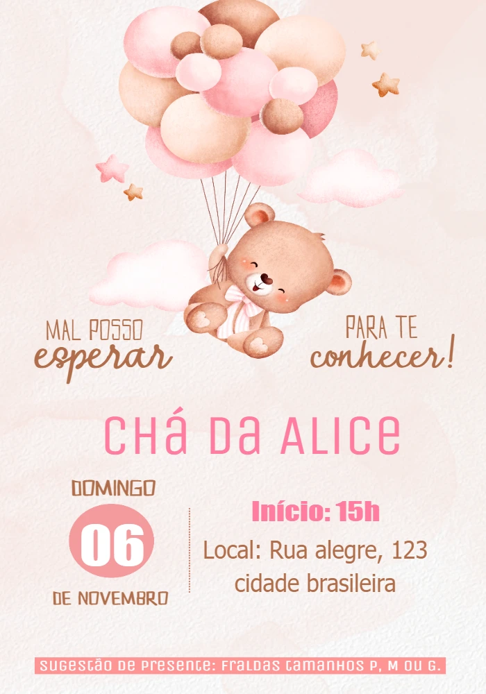 Convite Chá de Bebê Ursinha Baloeira para Editar Online