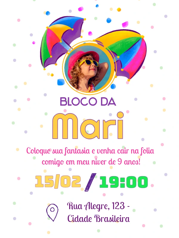 Convite Aniversário Bloco de Carnaval com Foto para Editar