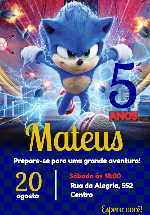 Convite Aniversário Sonic o Filme para Editar Online