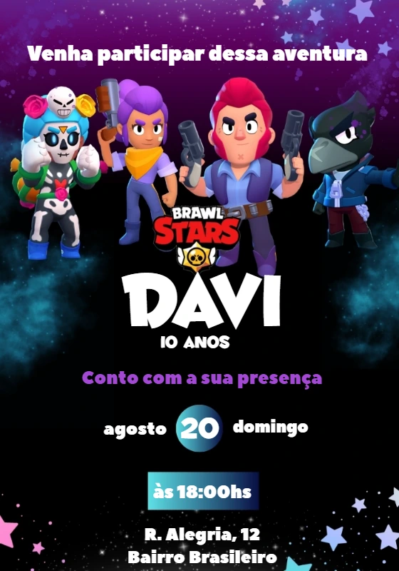 Convite Aniversário Brawl Stars com Personagens para Editar