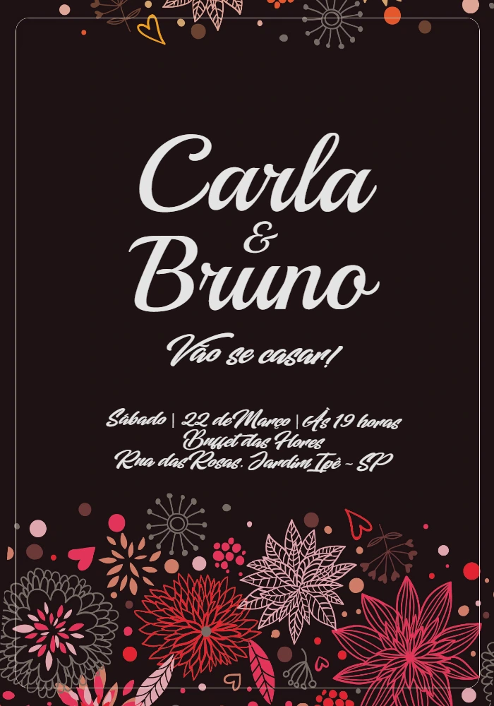 Convite de Casamento Floral Preto e Rosa para Editar Online