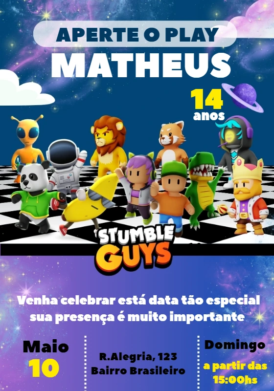 Convite Aniversário Stumble Guys com Personagens para Editar
