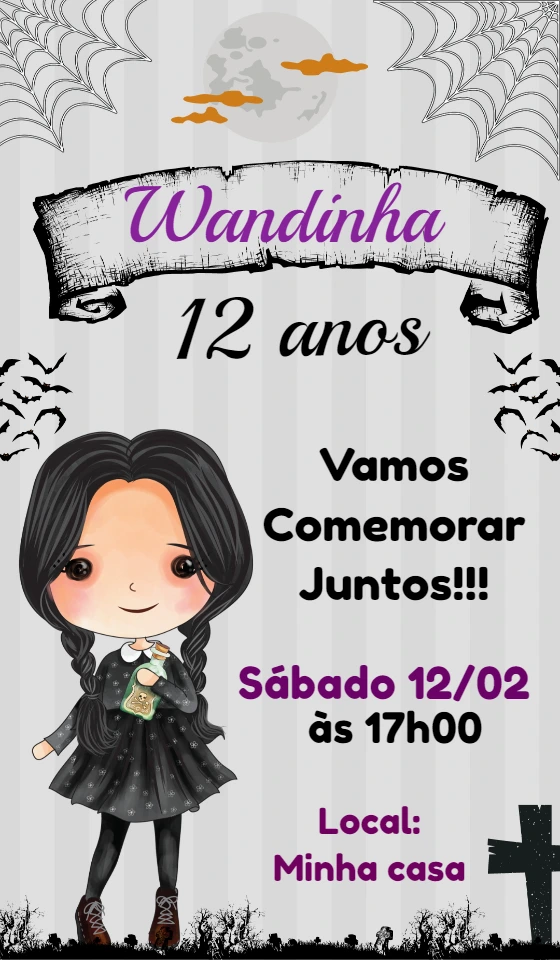Convite de Aniversário Wandinha Addams para Editar Online