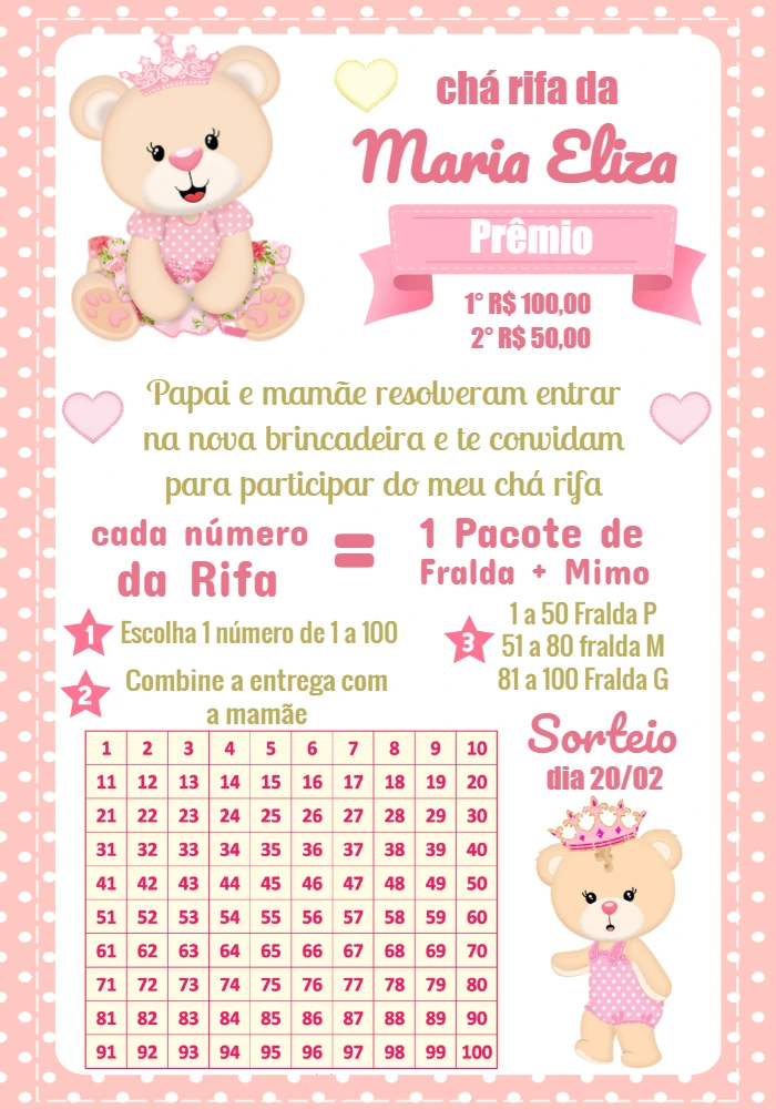Chá Rifa de Fraldas Ursinha Princesa para Editar Online